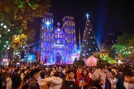 Tối 24/12, hàng nghìn người dân đổ ra đường, hướng về trung tâm thành phố Hà Nội vui đón Giáng sinh. (Ảnh: Minh Sơn/Vietnam+)