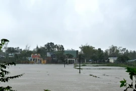 Mưa lớn nên nhiều đường phố bị ngập trong nước. (Ảnh: Quốc Dũng/TTXVN)