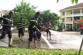 Các lực lượng tham gia dọn vệ sinh đường phố. (Ảnh: Tường Vi/TTXVN)