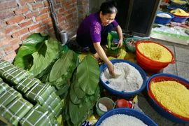 Gói bánh chưng. (Ảnh: Minh Quyế/TTXVN)