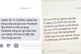 Tin nhắn trả về của nhà mạng khi khách hàng đăng ký gói cước Facebook vào ngày 4/1. (Ảnh: Vietnam+)