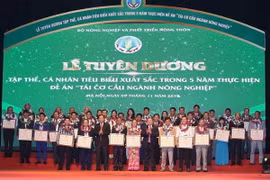 Ban tổ chức trao tặng Bằng khen của Bộ trưởng Bộ Nông nghiệp và Phát triển nông thôn cho các Hợp tác xã và nông dân, chủ trang trại có thành tích xuất sắc. (Ảnh: Vũ Sinh/TTXVN)