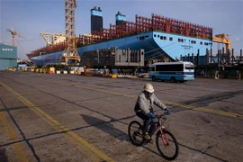 Một tàu chở hàng container đang được đóng mới tại xưởng đóng tàu của Daewoo DSME ở Okpo, cách thành phố Busan khoảng 60km về phía Nam. (Nguồn: AFP/TTXVN)