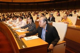 Đoàn đại biểu Quốc hội tỉnh Vĩnh Long biểu quyết thông qua Luật Chăn nuôi. (Ảnh: Phương Hoa/TTXVN)