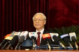 Tổng Bí thư Nguyễn Phú Trọng phát biểu bế mạc Hội nghị. (Ảnh: Trí Dũng/TTXVN)