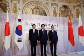 Thủ tướng Trung Quốc Lý Khắc Cường, Thủ tướng Nhật Bản Shinzo Abe và Tổng thống Hàn Quốc Moon Jae-in chụp ảnh chung trước Hội nghị thượng đỉnh ba bên tại Tokyo (Nhật Bản) ngày 9/5. (Nguồn: AFP/TTXVN)