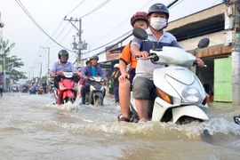 Triều cường làm ngập sâu trên đường Lê Văn Lương, huyện Nhà Bè, TP. Hồ Chí Minh. (Ảnh: Mạnh Linh/TTXVN)