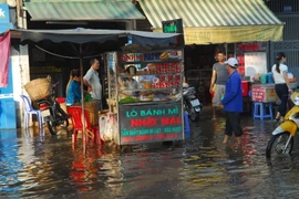 Triều cường gây ngập nước trên đường Hồ Học Lãm, quận Bình Tân. (Ảnh: Mạnh Linh/TTXVN)