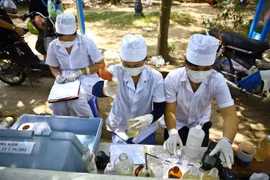 Lấy mẫu nước ở các khu vực lân cận Hồ Tây để phân tích tìm nguyên nhân cá chết. (Ảnh: Minh Quyết/TTXVN)