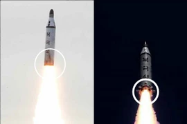 Ảnh phải: Tên lửa đạn đạo chiến lược được phóng thử từ tàu ngầm (SLBM) ngày 24/8 và ảnh trái là vụ phóng thử SLBM phiên bản mới nhất ngày 23/4. (Nguồn: YONHAP/ TTXVN)