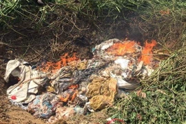 Lực lượng chức năng tiến hành tiêu hủy số thực phẩm bẩn bị bắt giữ. (Ảnh: Quang Cường/TTXVN)