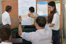 Nhân viên cơ quan bầu cử Thái Lan kiểm phiếu tại thủ đô Bangkok ngày 7/8. (Nguồn: Kyodo/TTXVN)