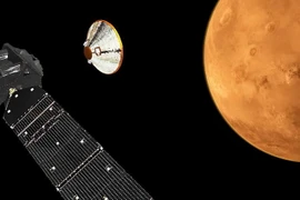 Hình ảnh mô phỏng module đổ bộ Schiaparelli tách khỏi "tàu mẹ" module TGO và tiến tới Sao Hỏa. (Nguồn: EPA/TTXVN)