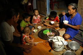 Người phụ nữ này ở tỉnh Quảng Trị phải trông nuôi 5 đứa cháu nội ngoại do bố mẹ chúng đi làm xa sau sự cố môi trường biển. (Ảnh: Tuấn Anh/TTXVN)