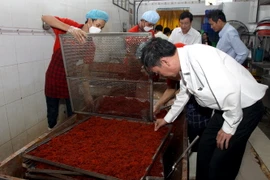 Đoàn Liên ngành an toàn thực phẩm kiểm tra cơ sở sản xuất khô bò tại quận Bình Tân. (Ảnh: Phương Vy/TTXVN)