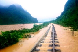 Mưa lũ gây xói lở nghiêm trọng tuyến đường sắt Bắc-Nam qua địa bàn tỉnh Quảng Bình. (Ảnh: Xuân Trường/TTXVN)