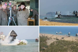 Nhà lãnh đạo Kim Jong-un thị sát cuộc tập trận đổ bộ và chống đổ bộ của quân đội Triều Tiên. (Nguồn: YONHAP/TTXVN)