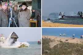 Nhà lãnh đạo Kim Jong-un thị sát cuộc tập trận đổ bộ và chống đổ bộ của quân đội Triều Tiên. (Nguồn: YONHAP/TTXVN)