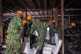 Lực lượng Binh chủng Hóa học thu gom chất thải, giải phóng hiện trường để tiến hành tẩy độc mặt nền nhà xưởng. (Ảnh: Dương Giang/TTXVN)