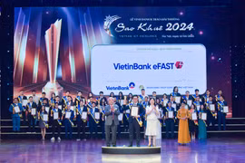 Ông Trần Hoài Nam - Phó Giám đốc Khối khách hàng doanh nghiệp - VietinBank nhận Giải thưởng Sao Khuê cho Sản phẩm Giải ngân & Bảo lãnh online dành cho doanh nghiệp trên nền tảng VietinBank eFAST. (Ảnh: Vietnam+)