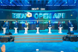Đại diện BIDV và đối tác cùng thực hiện nghi thức ra mắt hệ thống BIDV Open API. (Ảnh: Vietnam+)