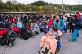 Người di cư chờ xe buýt sau khi vượt qua biên giới Áo-Slovenia ở khu vực Spielfeld ngày 22/10. (Nguồn: AFP/TTXVN) 