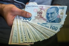 Đồng lira tại một cửa hàng đổi tiền ở Istanbul. (Nguồn: AFP/TTXVN)