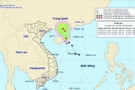 Bản đồ đường đi và vị trí của áp thấp nhiệt đới. (Ảnh: TTXVN phát)