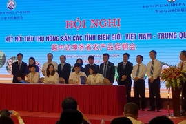 Các doanh nghiệp hai nước Việt Nam-Trung Quốc ký Bản ghi nhớ hợp tác tiêu thụ nông sản. (Ảnh: Quang Duy/TTXVN)