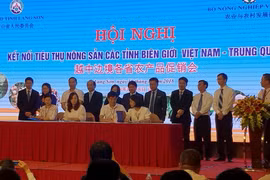 Các doanh nghiệp hai nước Việt Nam-Trung Quốc ký Bản ghi nhớ hợp tác tiêu thụ nông sản. (Ảnh: Quang Duy/TTXVN)