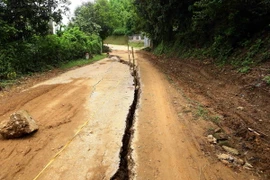 Đoạn đường bị nứt và sụt lún 70-80cm, dài gần 100m, nguy cơ sạt lở nghiêm trọng. (Ảnh: Quang Quyết/TTXVN)