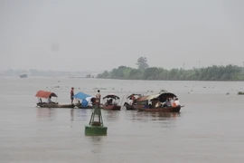 Tìm kiếm nạn nhân bị mất tích trong vụ chìm tàu trên sông Hồng. (Ảnh: Xuân Tiến/TTXVN)