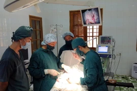 Các bác sỹ Bệnh viện Đa khoa Bạch Long Vỹ tiến hành mổ cấp cứu cho bệnh nhân viêm ruột thừa cấp. (Ảnh: Nguyễn Đức Quân/TTXVN)