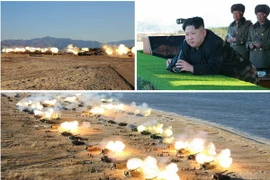 Nhà lãnh đạo Triều Tiên Kim Jong-un thị sát và chỉ đạo một cuộc tập trận pháo binh mô phỏng tấn công các mục tiêu quân sự ở Hàn Quốc. (Nguồn: Yonhap/TTXVN)