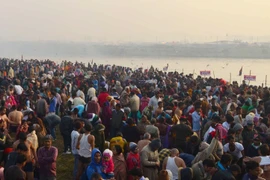Các tín đồ làm lễ bên bờ sông Ganges ở Allahabad, bang Uttar Pradesh. (Nguồn: THX/TTXVN)