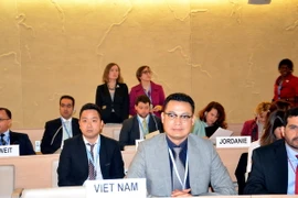 Đại sứ Nguyễn Trung Thành tại phiên khai mạc khóa họp lần thứ 29 Hội đồng Nhân quyền. (Ảnh: Tố Uyên/TTXVN)