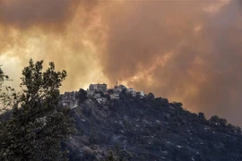 Khói lửa bốc lên trong vụ cháy rừng ở vùng Kabylie thuộc Algeria. (Ảnh: AFP/TTXVN)