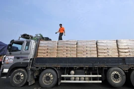 Xe tải của Hàn Quốc chở bột mì viện trợ cho Triều Tiên. (Ảnh: AFP/TTXVN)