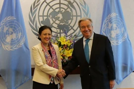 Đại sứ Nguyễn Phương Nga chào từ biệt Tổng thư ký Liên Hợp Quốc Antonio Guterres kết thúc nhiệm kỳ công tác. (Ảnh: Nguyễn Hữu Hoàng/TTXVN)