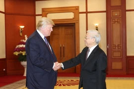 Tổng Bí thư Nguyễn Phú Trọng tiếp Tổng thống Hoa Kỳ Donald Trump thăm cấp Nhà nước tới Việt Nam. (Ảnh: Trí Dũng/TTXVN​)