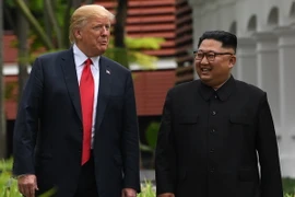 Tổng thống Mỹ Donald Trump (trái) và nhà lãnh đạo Triều Tiên Kim Jong-un tại hội nghị thượng đỉnh lần đầu tiên ở Singapore ngày 11/6/2018. (Ảnh: AFP/TTXVN)