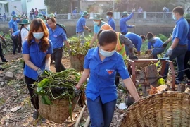 Đoàn viên thanh niên thu gom rác thải ở Thành phố Hồ Chí Minh. (Ảnh: An Hiếu/TTXVN)