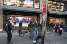 Cảnh sát tuần tra quanh khu vực quảng trường Herald ở New York ngày 12/12. (Ảnh: AFP/TTXVN)