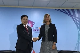 Phó Thủ tướng, Bộ trưởng Ngoại giao Phạm Bình Minh gặp Đại diện cấp cao phụ trách đối ngoại và an ninh của EU bà Federica Mogherini. (Ảnh: TTXVN phát)