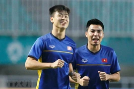 Các cầu thủ Olympic Việt nam đã sẵn sàng cho trận gặp Olympic Hàn Quốc. (Ảnh: Hoàng Linh/TTXVN)