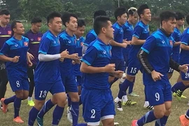 Đội tuyển Việt Nam tập luyện tại Indonesia. (Ảnh: Chiến Trần/Vietnam+)