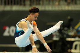 VĐV Đinh Phương Thành thi chung kết nội dung xà kép. (Ảnh: Quốc Khánh/TTXVN)