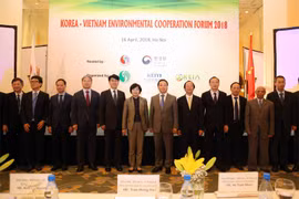 Bộ trưởng Trần Hồng Hà và Bà Kim Eunkyung, Bộ trưởng Bộ Môi trường Hàn Quốc chụp ảnh lưu niệm với các đại biểu tham dự Diễn đàn. (Nguồn: baotainguyenmoitruong.vn)