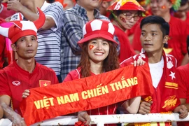 Nữ cổ động viên xinh đẹp Việt Nam trên khán đài sân Mỹ Đình.(Ảnh: Minh Chiến/Vietnam+)