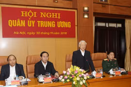 Tổng Bí thư Nguyễn Phú Trọng, Bí thư Quân ủy Trung ương phát biểu tại Hội nghị. (Ảnh: Trí Dũng/TTXVN)